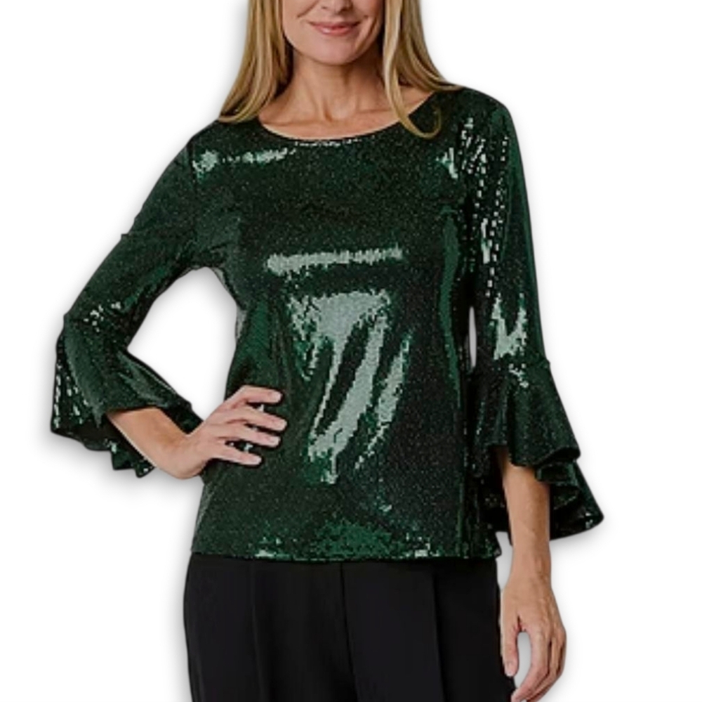 SD COLLECTION Metallic Womens Scoop Neck 3/4 Sleeve Blouse